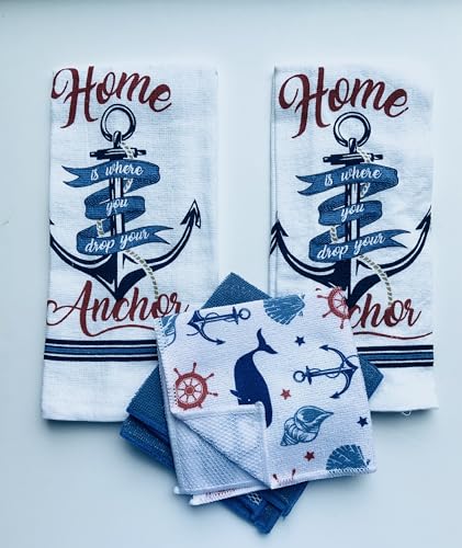 Generic 4 Piece Home Collection Set of 2 Costal Themed Dish Towels and 2 Dishcloths. (Home is Where You Drop Your Anchor), White, Blue, Red
