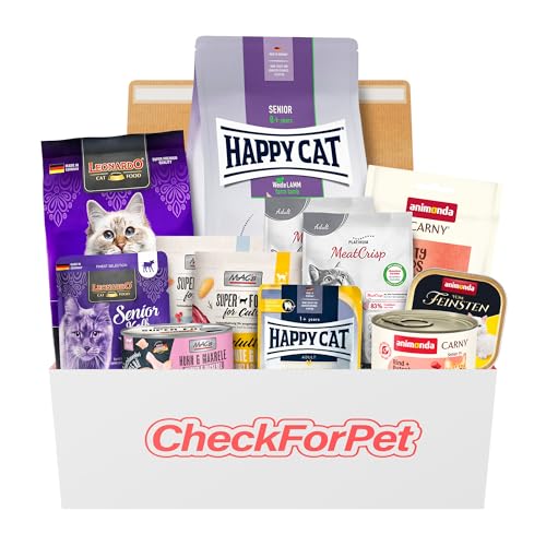 CheckForPet Katzenfutter Probierpaket Senior – Probierbox für Ältere Katzen mit Top-Bewerteten Marken zum Testen - Futterprobe Nass- & Trockenfutter - Geschenkidee für Katzenbesitzer
