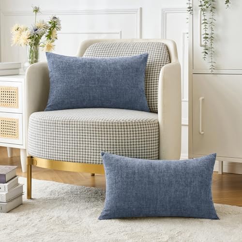 Image of MIULEE Pack of 2 Couch Throw Pillow Covers 12x20 Inch Soft Dark Grey Blue Chenille Lumbar Pillow Covers for Sofa Living Room Solid Dyed Cases
