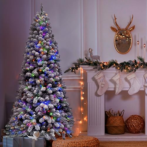 Fraser Hill Farm 9-Ft. Alaskan Pine Flocked Artificial Christmas Tree with Dual Multicolor & Warm White LED Lights and Stand, Prelit Foldable Fake Tree with Realistic Snowy Foliage for Home Decor