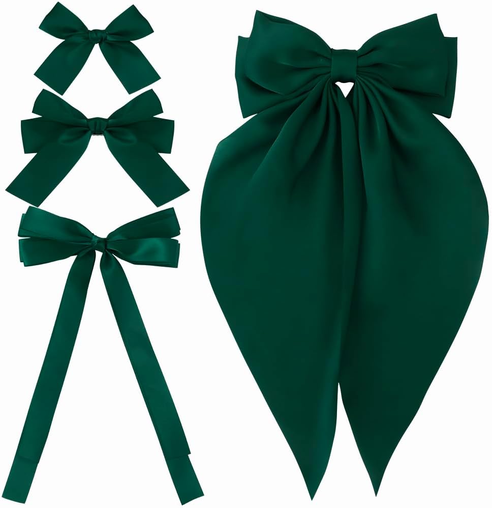 Atoden Hair Bow Clips for Women Girls, 4 Pcs Green Silky Satin Oversized Long Tail Bow Hair Clips, Alligator Metal Clips, Big Bowknot, Cute Hair Accessories, Christmas Gifts