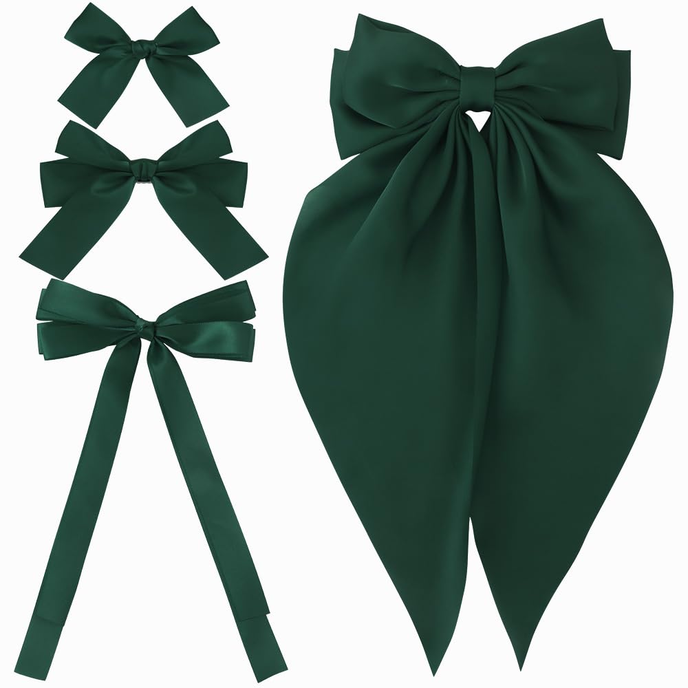 Atoden Hair Bow Clips for Women Girls, 4 Pcs Green Silky Satin Oversized Long Tail Bow Hair Clips, Alligator Metal Clips, Big Bowknot, Cute Hair Accessories, Christmas Gifts
