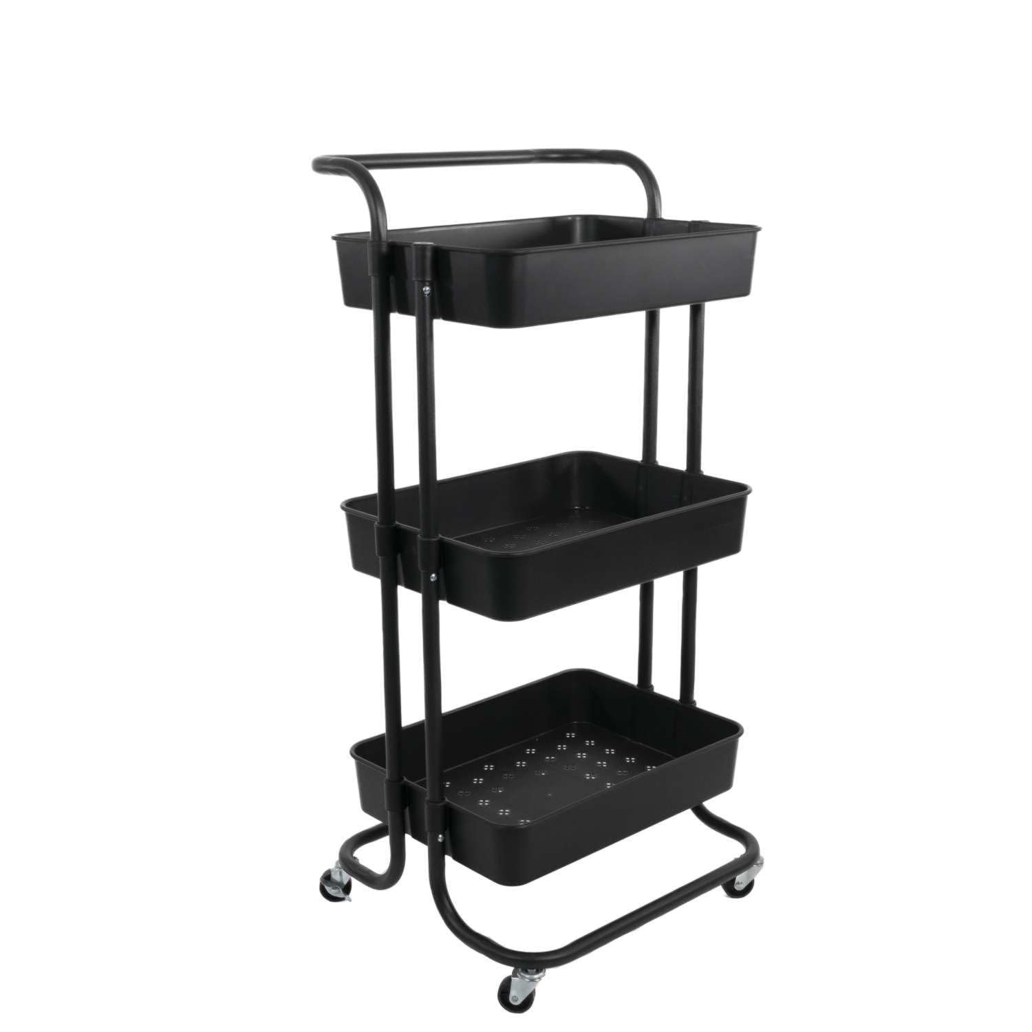 INTIRILIFE Carrello a 3 piani in Nero - 85 x 34 x 42 cm - Carrello da servizio con manico, carrello portaoggetti, per cucina, bagno, ufficio, ecc.