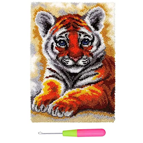 XUJINGJIE Knüpfteppich Zum Selber Knüpfen DIY Tiger Teppich Knüpfen Kreuzstich Set für Kinder Erwachsene Stickerei Kreuzstich mit Vorgedrucktem Muster Kreatives Geschenk, 52X38cm Cover