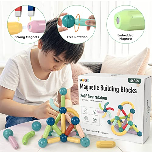 Gentle Monster Magnetic Balls And Rods Set, 64Pcs Magnetic Building Sticks Blocks For Kids Toddlers, 3D Educational Stem Toys Learning Magnet Construction Toy For Preschool Age 3+ Year Old Boys Girls #TOP3