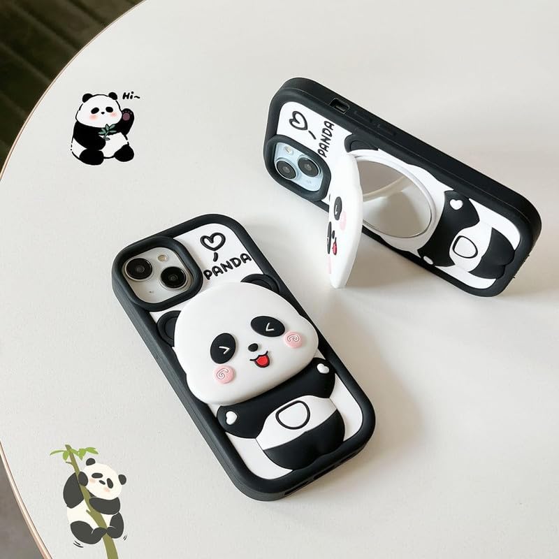 Image of COVERLY 3D Panda Mirror Cartoon Stand Case,Premium Silicone Full Protective Case Cute Bear Love with Phone Holder Cool Makeup Mirror Kawaii Aesthetic Cover for Apple iPhone 15 Pro Max