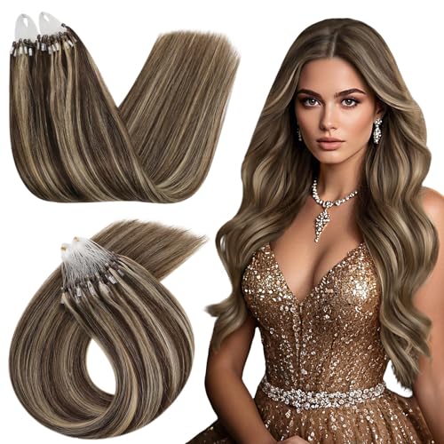 Ugeat Extension Capelli Veri Microring Castano Meches Biondo, 45 cm