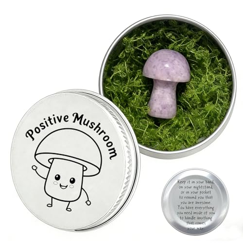ZENTHRAA Amethyst Crystal Mushroom in Tin Box Emotional Support Mushroom Mushroom Trinkets & Gifts Healing Crystal Gifts for Women Spiritual Gift Set with Positive Message (Purple)