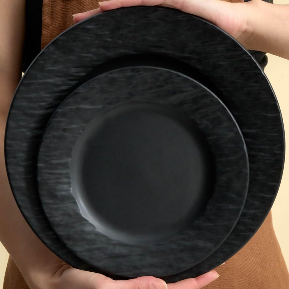 Karaca Solem Embossed Ensemble de Assiette et de Bols en Grès, Service de Table Noir, Vaisselle en Grès, Vaisselle Idéale pour les Repas de 6 Personnes, 18 pièces