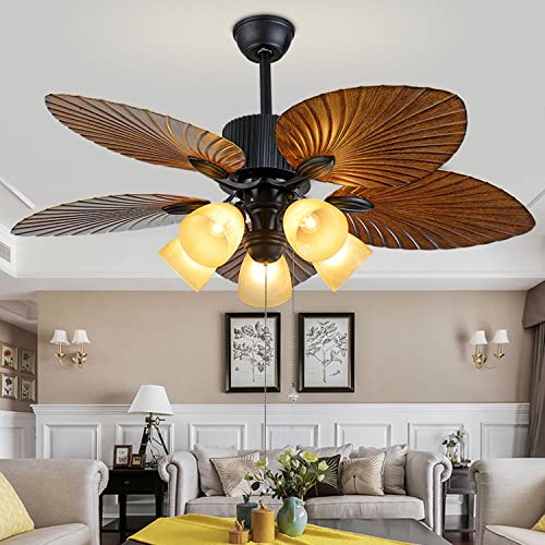 Tropical Ceiling Fan with Remote Control and 5 ABS Fan Blades, Palm Leaf Ceiling Fan Rustic Ceiling Fan Indoor with Light, Pull Chain Control, 52 Inches