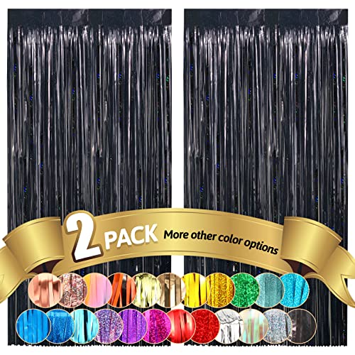 Fannev Black Tinsel Foil Fringe Curtain, 3.3Ft X 8.2Ft Sparkle Metallic Foil Back Drop For Party Photo Booth Props New Years Eve Birthday Bridal Shower Bachelorette Halloween Holiday Decors Supplies #TOP6