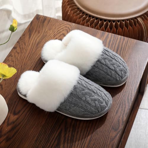 ZSpzx Cotton House Slippers for Women Plush Knit Fur Lining Flats Solid Color Winter Slipper Lightweight Indoor Outdoor Non Skid Rubber Sole Slip Resistant Safety Warm Slides3