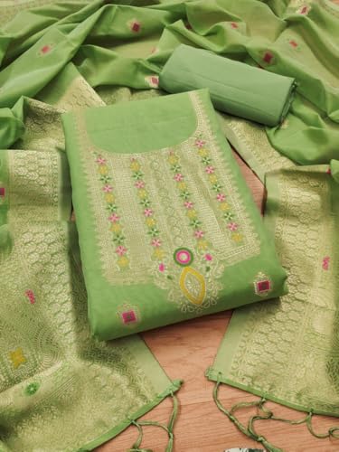 Image of Chanderi Suit Vol 5 | Pure Chanderi Banarasi Silk (3m) | Soft Cotton Bottom (2.5m) | Woven Chanderi Banarasi Silk Dupatta (2.3m) with Tassels, Unstitched Material, Fits up to 60 inch, Length 48