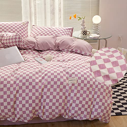 Purple Bedding Set Full,100% Washed Cotton Grid Quilt Cover,4Pcs Bed Set 1 Quilt Cover+2 Pillow Covers+1 Flat Sheet, Checkered Comforter Cover Plaid Duvet Cover For Kids Teen Adults (Purple, Full) #TOP2