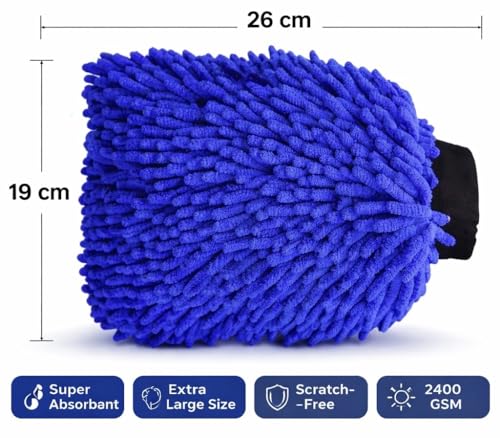 Image of Premium Microfiber Chenille Car Wash Mitt - 2400 GSM Super Absorbent Scratch-Free Cleaning Glove | Extra Large 26x19 cm Car Washing Mitt for Car, Bike & Auto Detailing