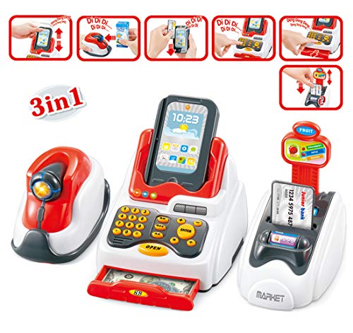 Cash Register Toys for Kids, Toy Grocery Store with Checkout Scanner,Fruit Card Reader, Credit Card Machine, Play Food & Money Set, Educational Toys for Boys & Girls, Gifts for Toddlers Preschoolers