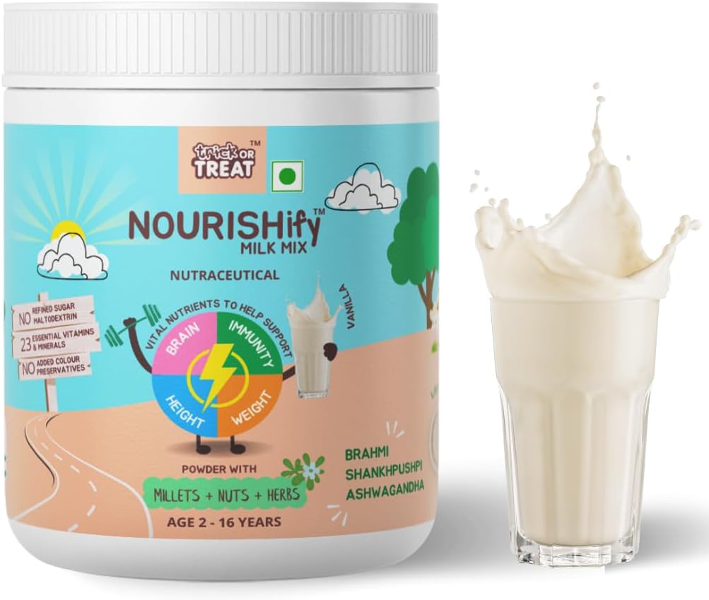 TRICK OR TREAT Nourishify Nutri Drink Powder (Vanilla) For 2-16Yr Children,No Refined Sugar,Millets Nuts Seeds Herbs,Tasty Milk Mix 350G