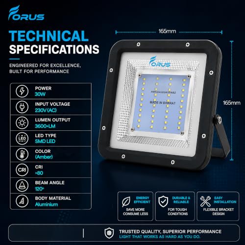 Image of Forus 30W LED Flood Light Outdoor, IP67 Waterproof Wall Mounted Outside Light, High Bright Amber LED Flood Light for Parking, Society, Industrial & Flood Lighting with 4 Year Warranty (1 Pc)