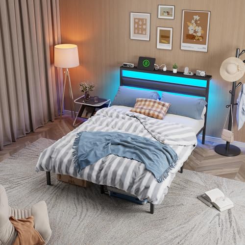 Image of OURPIC Full Size Bed Frame, Bed Frame Full with LED Lights and Charging Station Headboard, Metal Platform Bedframe and Dark Gray Storage Shelf, No Box Spring Needed, Noise Free