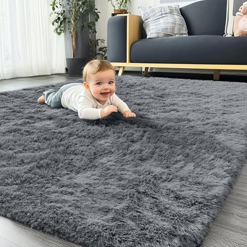 OLANLY Area Rugs for Living Room Bedroom, Machine Washable 4×5.9 Feet Soft Fluffy Shaggy Bedside Rug, Indoor Floor Carpet for Kids Girls and Boys, Dorms, Nursery Rooms, Home Decor Aesthetic, Grey