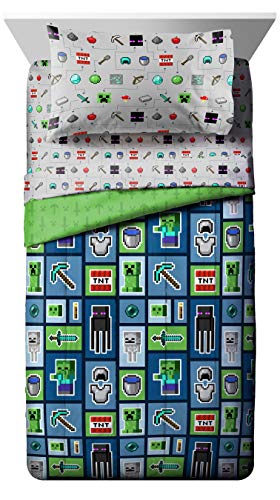 Image of Minecraft Creeper Twin Comforter Set 4 Piece Kids Bedding for Boys, Multi | Zombie, Bed in a Bag, Comforter Sheets Pillowcase, Official Product, Soft Microfiber, Machine Washable, Boys Gift