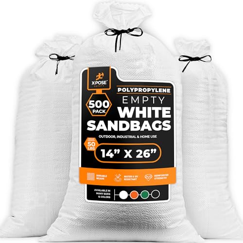 Image of Xpose Safety Heavy Duty Sand Bags with Tie Strings - Empty Woven Polypropylene Sandbags for Hurricane Flood Protection, 50 lb Capacity, 14 inch x 26 inch, White, Pack of 500