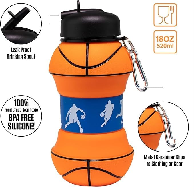 Image of Silicone Expandable & Foldable Basketball Water Bottle | 500ML Soft Collapsible Sports Bottle for Boys & Girls | Leak-Proof, Portable & BPA-Free | Basketball Theme (Multicolor)