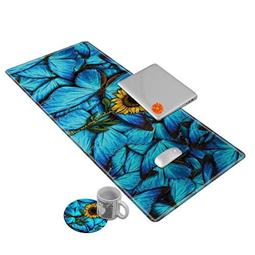 Desk Mat Gaming Mouse pad for Laptop, Blue Butterflies and Sunflower Customized Design Printed Desk pad, Home Office Accessories, with Sunflower Coasters and Cute Stickers