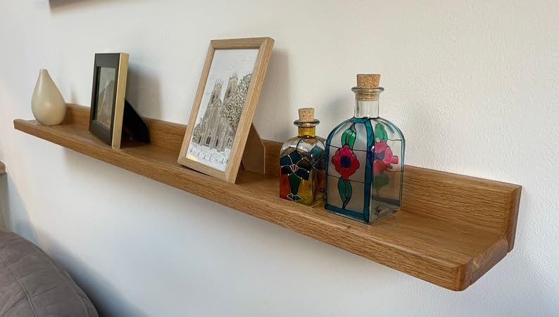 Image of Solid Sheesham Wood Floating Wall Shelf - Natural Wooden Wall Mounted Shelf for Living Room, Bedroom, Kitchen, Bathroom & Home Decor