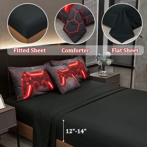 Image of Game Console Red Comforter Set with Sheets, 6 Pcs Bed in A Bag Geometric Lightweight Full Size Boys Bedding Set for Girls Kids