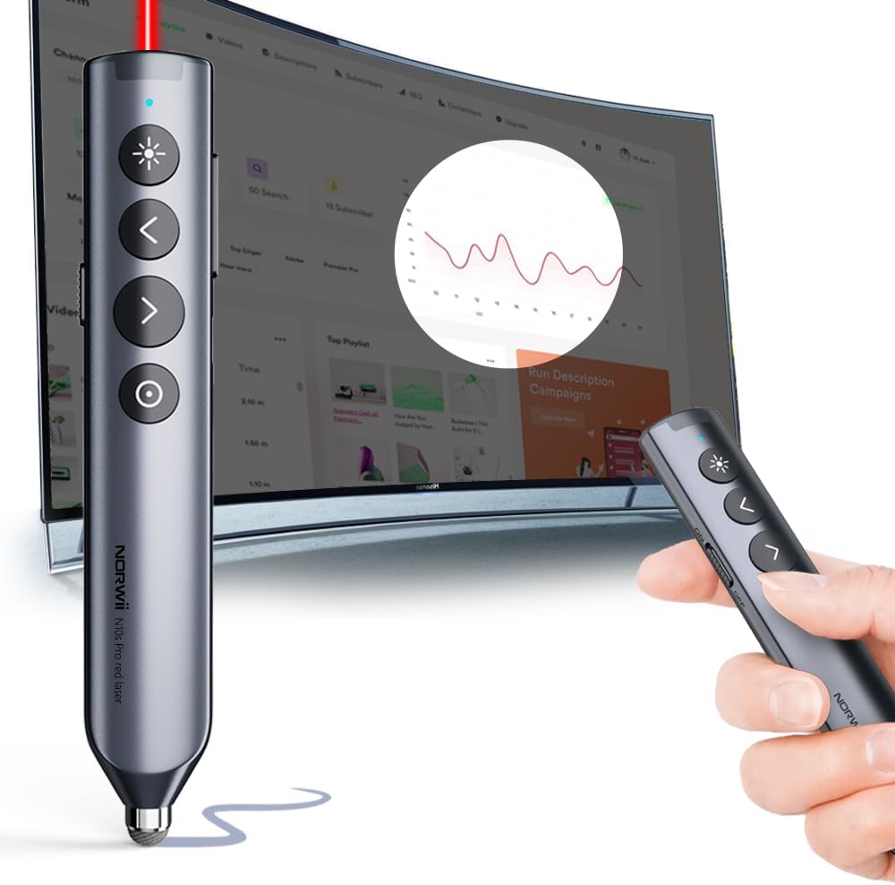 N10s Pro Bluetooth Powerpoint Presentation Clickers with Stylus Pen for Touch Screen, Advanced Digital Highlighting Powerpoint Clicker, 50M Range Metal Shell