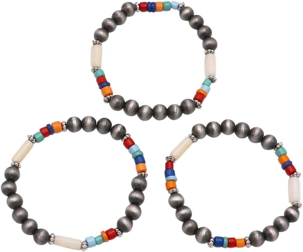 Rosemarie & Jubalee Women's Set of 3 Western Metallic Bead And Howlite Stone Stretch Bracelets, 6.75"