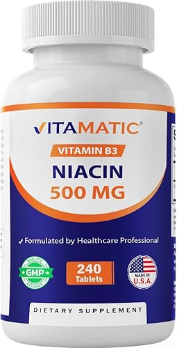 Vitamatic Niacina (vitamina B3) 500 mg, 240 tabletas - Sin OMG y sin gluten