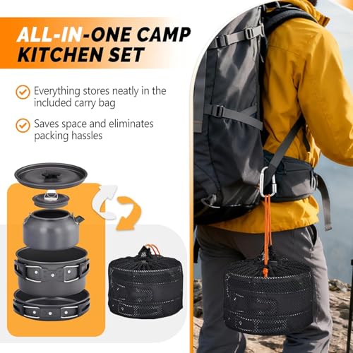 Image of NILKANTH Camping Cookware Outdoor Kettle Pot Pan Utensil Backpacking Out Bag Cooking Picnic Cookset for 2 Person (Black)