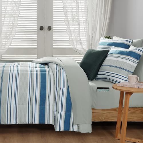 Image of Monbix Full Size Comforter Set - 7 Pieces Bed in a Bag Full, Blue-Stripe Bedding Sets, All Seasons Comforter Bed Set with Sheets, Pillowcases & Shams