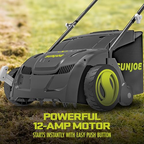 Sun Joe Electric Lawn Dethatcher & Scarifier with 8-Gal Bag, 12 Amp, 12.6 Inch, Black - Heavy Duty Gardening Machine and Equipment for Lawn, Yard, and Grass, AJ801E