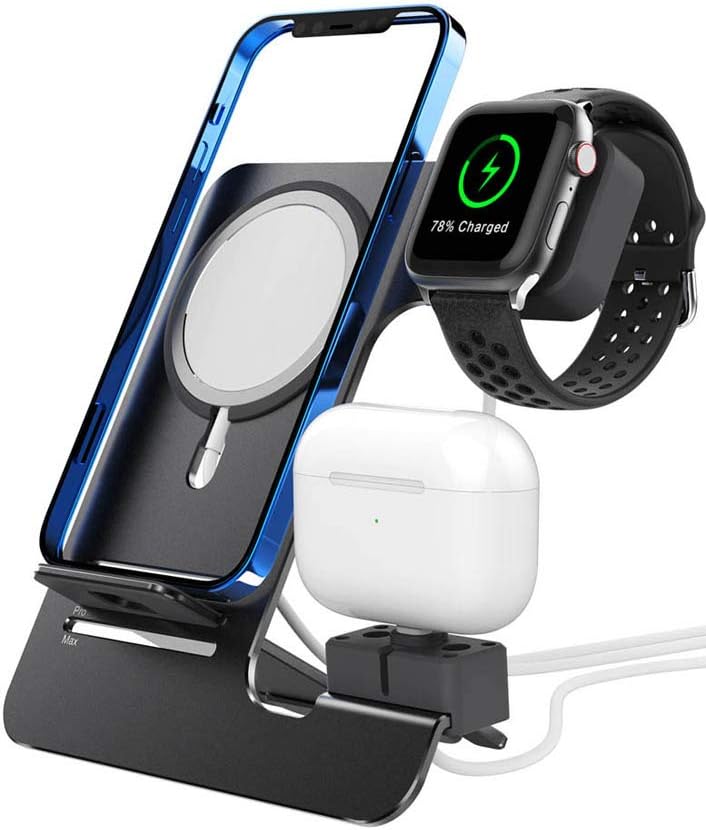 KINGRUNNING 3 in 1 Aluminum Alloy Stand for Magsafe Charger Stand, Charger Holder for Apple Watch Charging Station Dock and Airpods, Compatible with iPhone 12 Series, iWatch Series 6/5/4/3/2/1, Gray