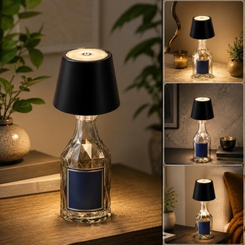 Image of One94Store Wireless Bottle Lamp, Rechargeable Cordless LED Table Lamp with 3 Colour Modes, Touch Dimming, Portable Battery Desk Night Light for Cafe, Restaurant, Bedroom & Living Room, Black.