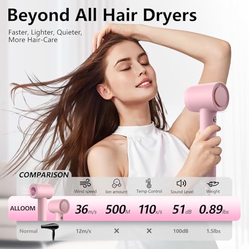 Image of Hair Dryer, 160000 RPM Professional High-Speed Blow Dryer 500 Millions Negative Ionic Care Hair Dryer for Fast Drying, Low Noise Thermo-Control Hairdryer, Travel with Magnetic Diffuser & Nozzle, Pink