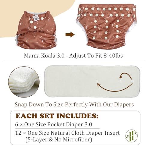 Mama Koala 3.0 Cloth Diapers for Babies with AWJ Lining, 6 Pack with 12 5-Layer Bboo(No Microfiber) Cloth Diaper Inserts - Reusable and Washable Pocket Diapers(12-My Warm Heart)