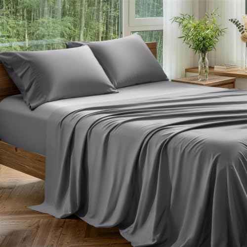 Image of 100% Organically Grown Bamboo Viscose King Sheet Set with Pockets on Side | Hotel Luxury Bed Sheets Set, Deep Pocket Up to 16 Inches, Ultra Soft Cooling Sheets 4pcs (Grey)