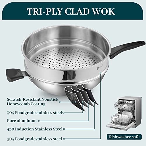 Deluxe Wok Steamer Basket Spatula Set, 12.6 Inch Honeycomb Wok Pan With Lid And Stainless Steel Steamer Pot, Large Cooking Nonstick Pan For Saute Steam Food, Compatible Induction Gas Cooktops #TOP5