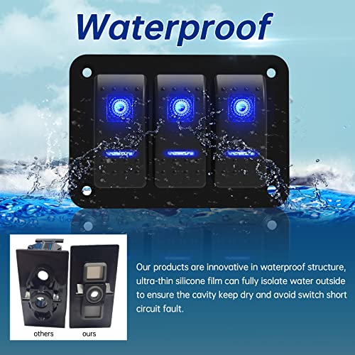 Toggle Switch Panel 3 Gang Aluminum Switch, 12V/24V Rocker Switch Panel, Waterproof On-Off Car Boat Switch, Blue Led Switch Panel For Marine Boat Automotive Car Rv Truck Vehicles #TOP3