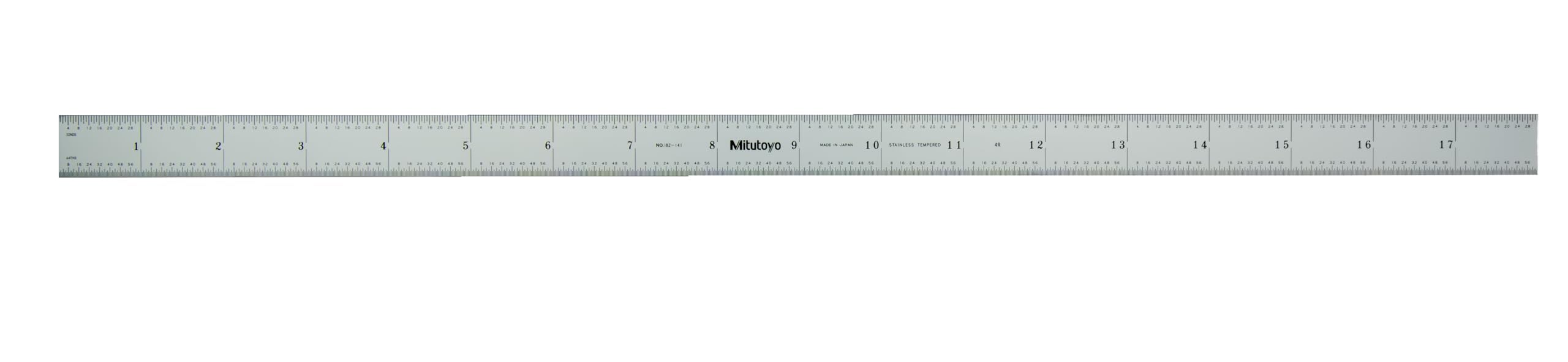 Mitutoyo 182-141, Steel Rule, 18" (4R), (1/8, 1/16, 1/32, 1/64"), 1/64" Thick X 3/4" Wide, Satin Chrome Finish Tempered Stainless Steel
