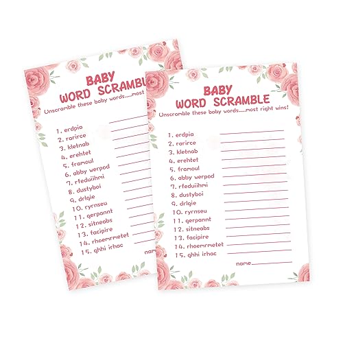 OLOUTAB 50 Baby Shower Games for Girl - Floral Theme Word Scramble, Thick Cardstock, Fun and Easy to Play (With Answer)