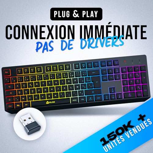 KLIM Chroma – Clavier sans Fil Gaming AZERTY FR, Rétroéclairage RGB, Silencieux & Ergonomique, Batterie Intégrée Longue Durée, Résistant aux Éclaboussures – USB 2,4 GHz pour PC/Mac/PS4/PS5 – Noir