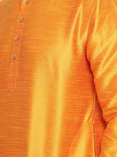 Image of Vastramay Men's Gold Curved Shape Pathani Style Silk Cotton Kurta - Mid-Length with Buttoned Cuff, Soft & Comfortable Ethnic Wear
