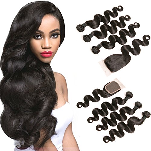 Daimer Brésilien 3 Tissage Ondulé avec 4x4 Closure Frisé Bouclé Body Wave lot Cheveux Humains Brésilien en lot pas cher Naturel 14 16 18 +12 Closure