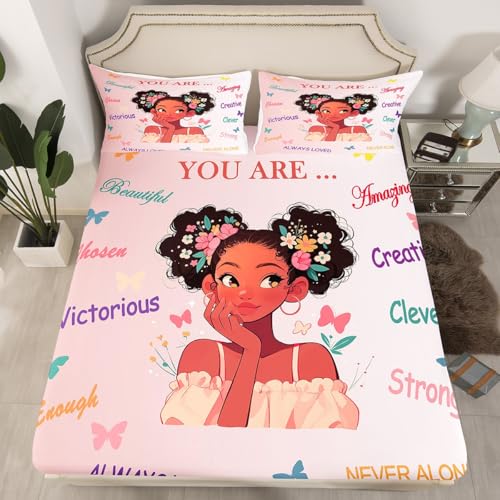 African American Black Princess Fitted Sheet Twin Size, Black Girls Magical Bed Sheets for Kids Kawaii Bedroom Decor, No Flat Sheet