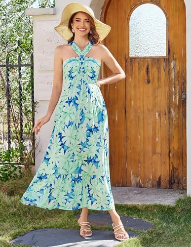 Image of GRACE KARIN Womens Summer Floral Dresses 2026 Boho Maxi Dress Flowy Halter Sundress Casual Vacation Beach Clothes with Pocket